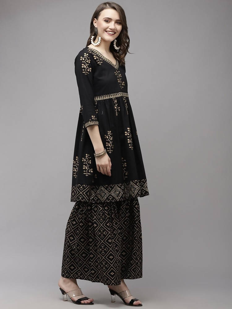 Yufta Women Black Printed Kurta with Sharara & With Dupatta | Grab2Buy