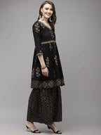 Yufta Women Black Printed Kurta with Sharara & With Dupatta | Grab2Buy