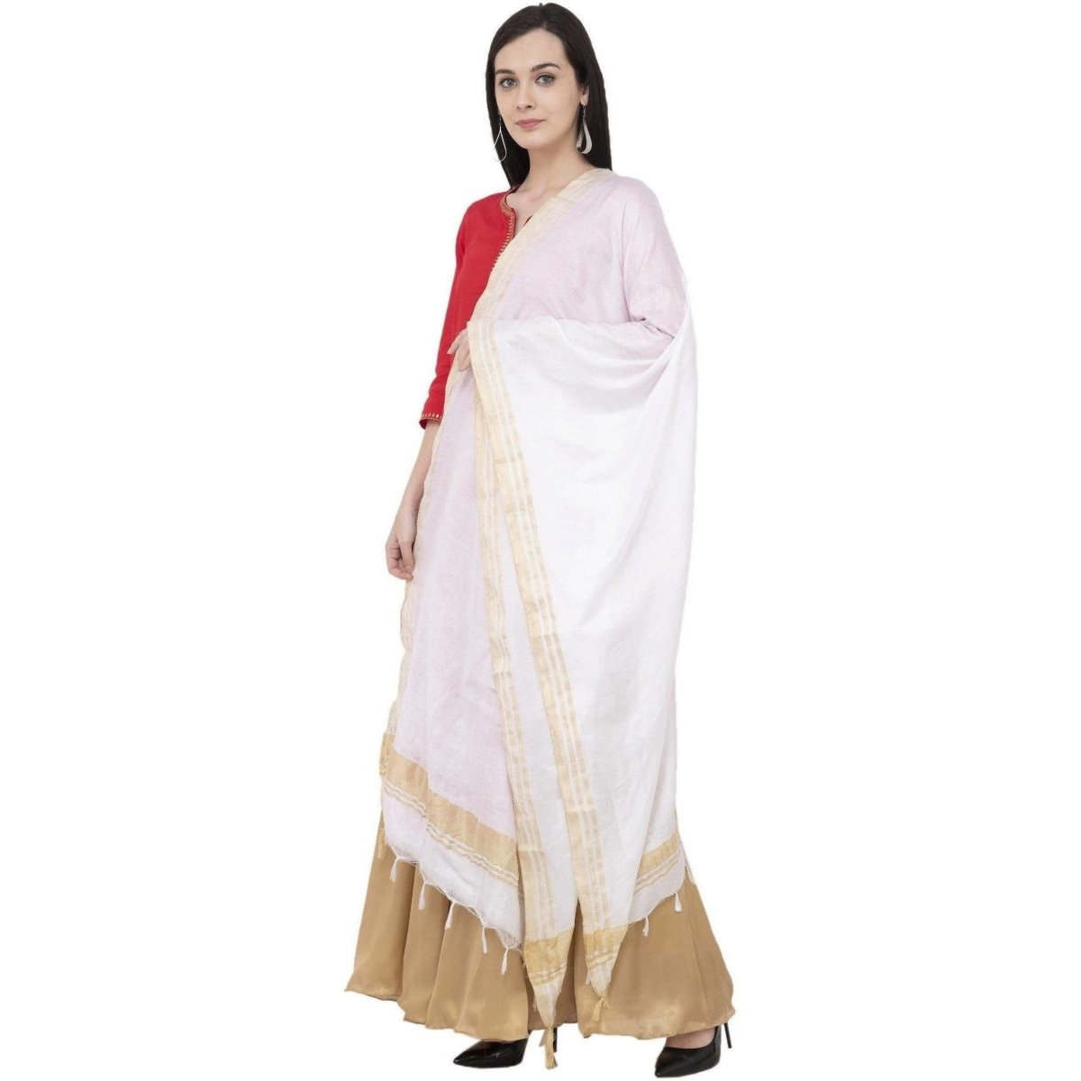 A R Silk Golden Border Regular Dupatta Color White Dupatta or Chunni | Grab2Buy