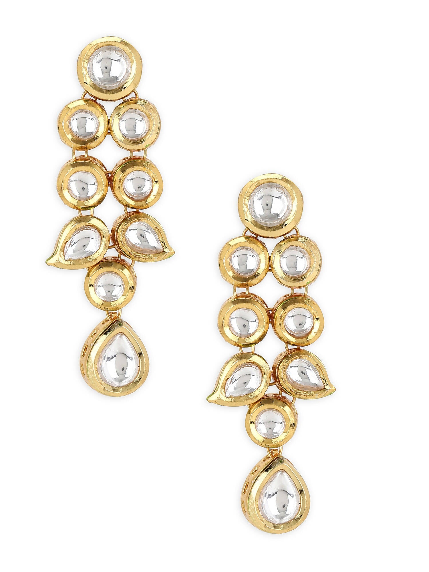 Gold-Toned White Kundan Contemporary Gold-Polished Drop Earrings - Ruby Raang | Grab2Buy
