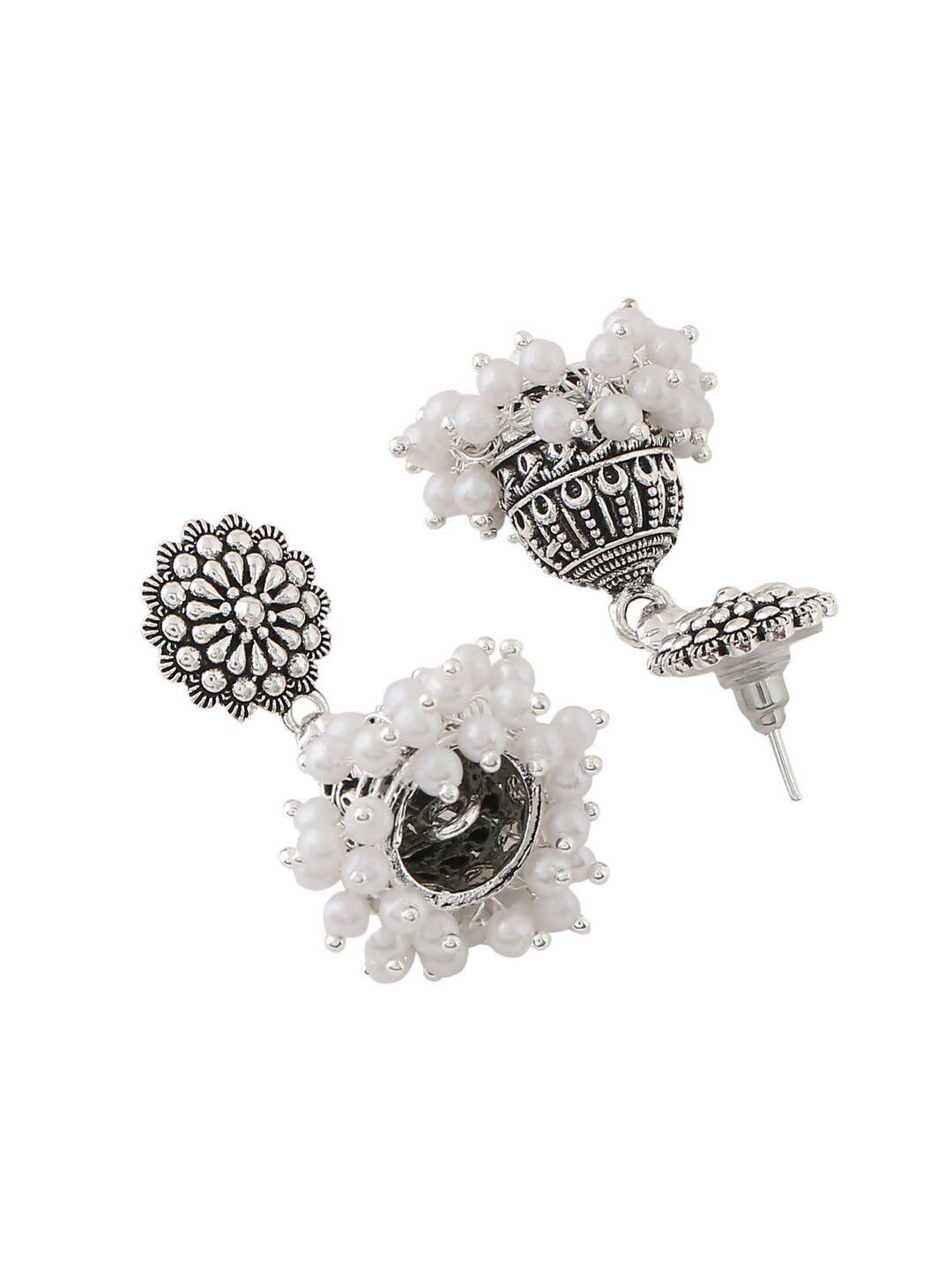 NVR Women Silver Toned Dome Shaped Jhumkas Earrings | Grab2Buy