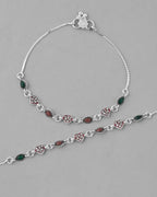 VOJ Set of 2 Silver Plated Heart Shaped Multi Color Anklet