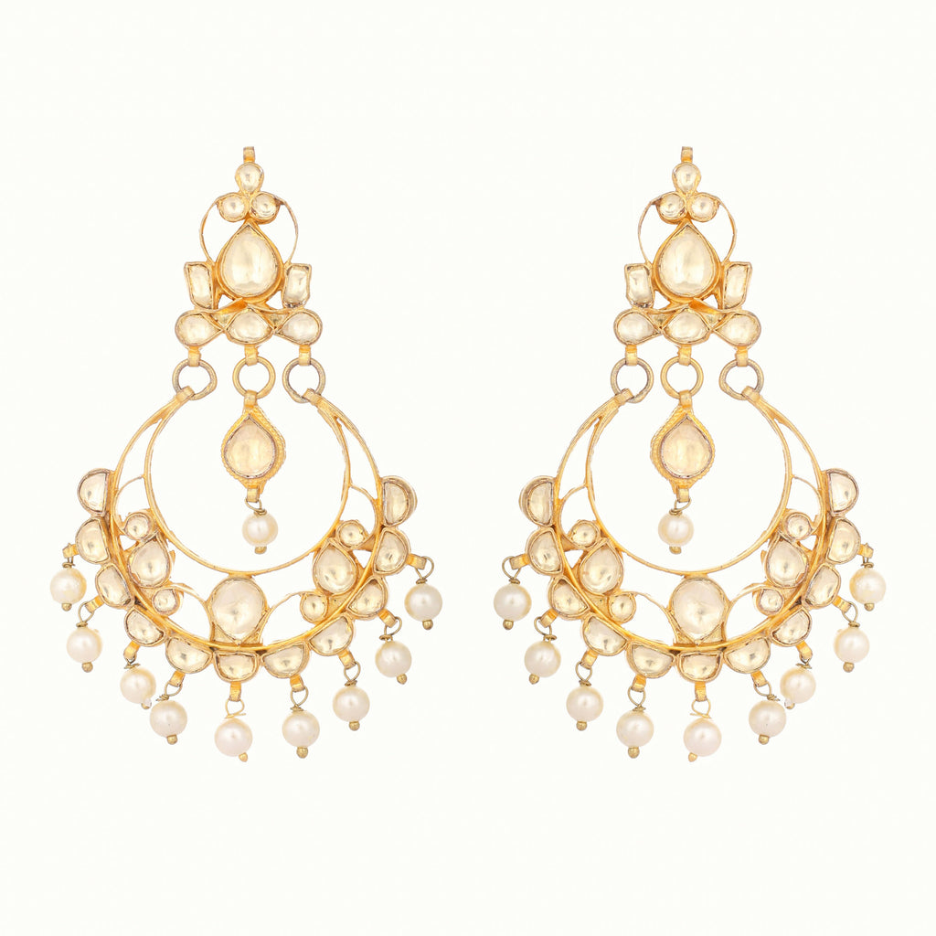 Nuyug 22K Gold Plated Kundan Studded Contemporary Shaped Pearl Drop Chandbalis | Grab2Buy