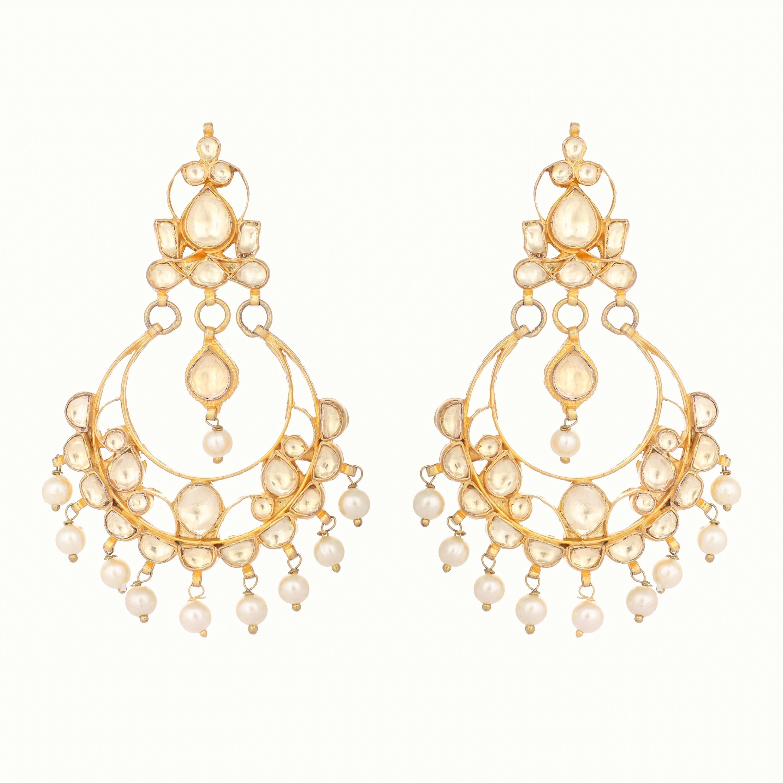 Nuyug 22K Gold Plated Kundan Studded Contemporary Shaped Pearl Drop Chandbalis | Grab2Buy