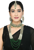 Mominos Fashion Johar Kamal Gold-Polished Rani Haar with Green and Off white Pearls Jewellery Set | Grab2Buy