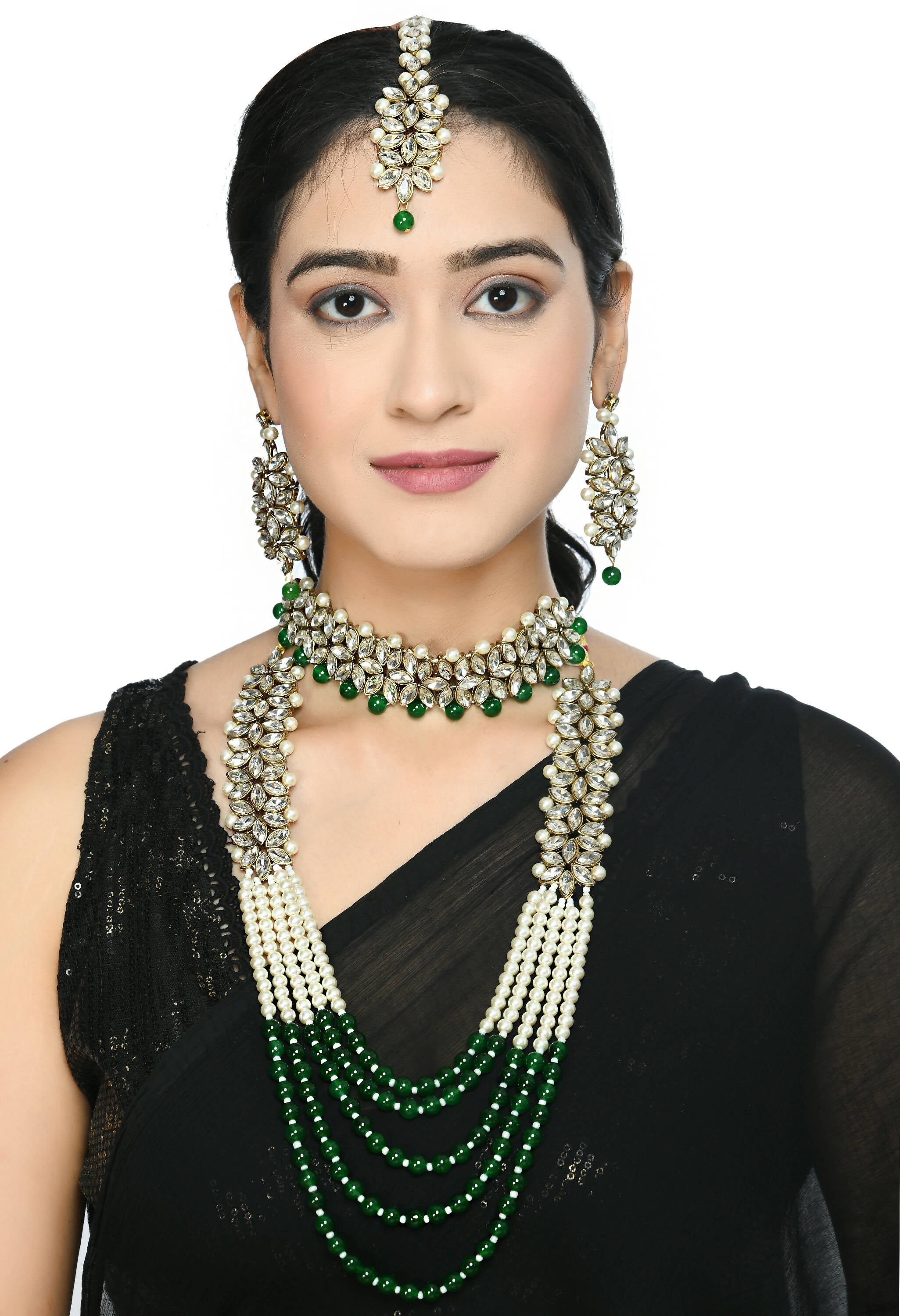 Mominos Fashion Johar Kamal Gold-Polished Rani Haar with Green and Off white Pearls Jewellery Set | Grab2Buy