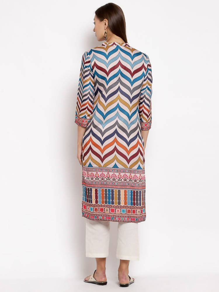 Myshka Women's Multi Silk Printed 3/4 Sleeve Round Neck Casual Kurta | Grab2Buy