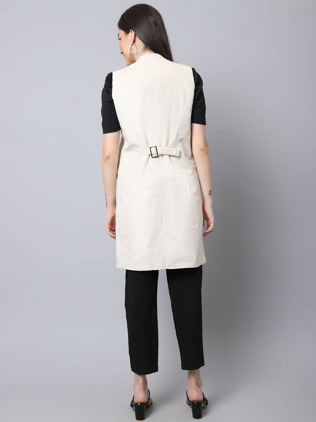 Even Apparels White Polywool Open Front Corduroy Women's Long Coat | Grab2Buy
