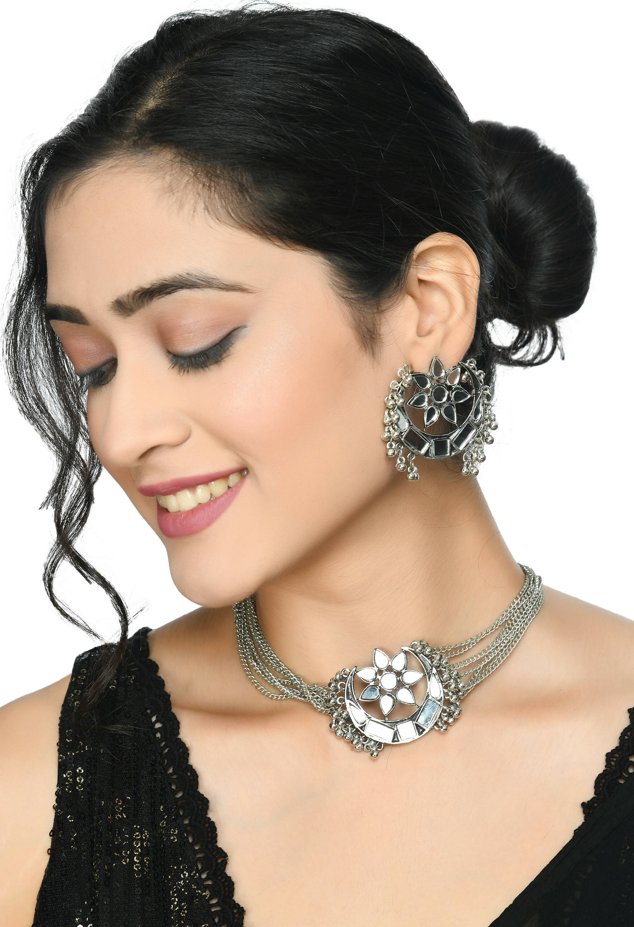 Mominos Fashion Johar Kamal Silver-Plated Brass Finish Mirror Work Choker For Women | Grab2Buy