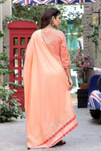 Yufta Women Peach Floral Mirror Work Pure Cotton Kurta with Trouser and Dupatta | Grab2Buy