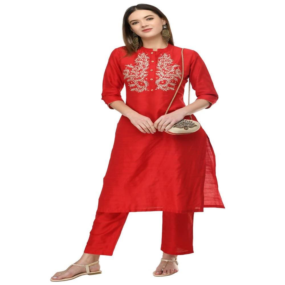 Lagi Women's Red Poly silk Straight Embroidred Kurta & Pant (RO116B) | Grab2Buy