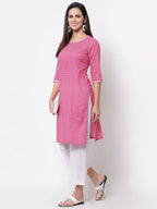 Myshka Women's Pink Cotton 3/4 Sleeve Round Neck Printed Casual Kurta | Grab2Buy
