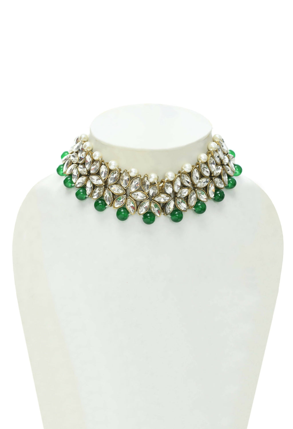 Mominos Fashion Johar Kamal Gold-Polished Rani Haar with Green and Off white Pearls Jewellery Set | Grab2Buy
