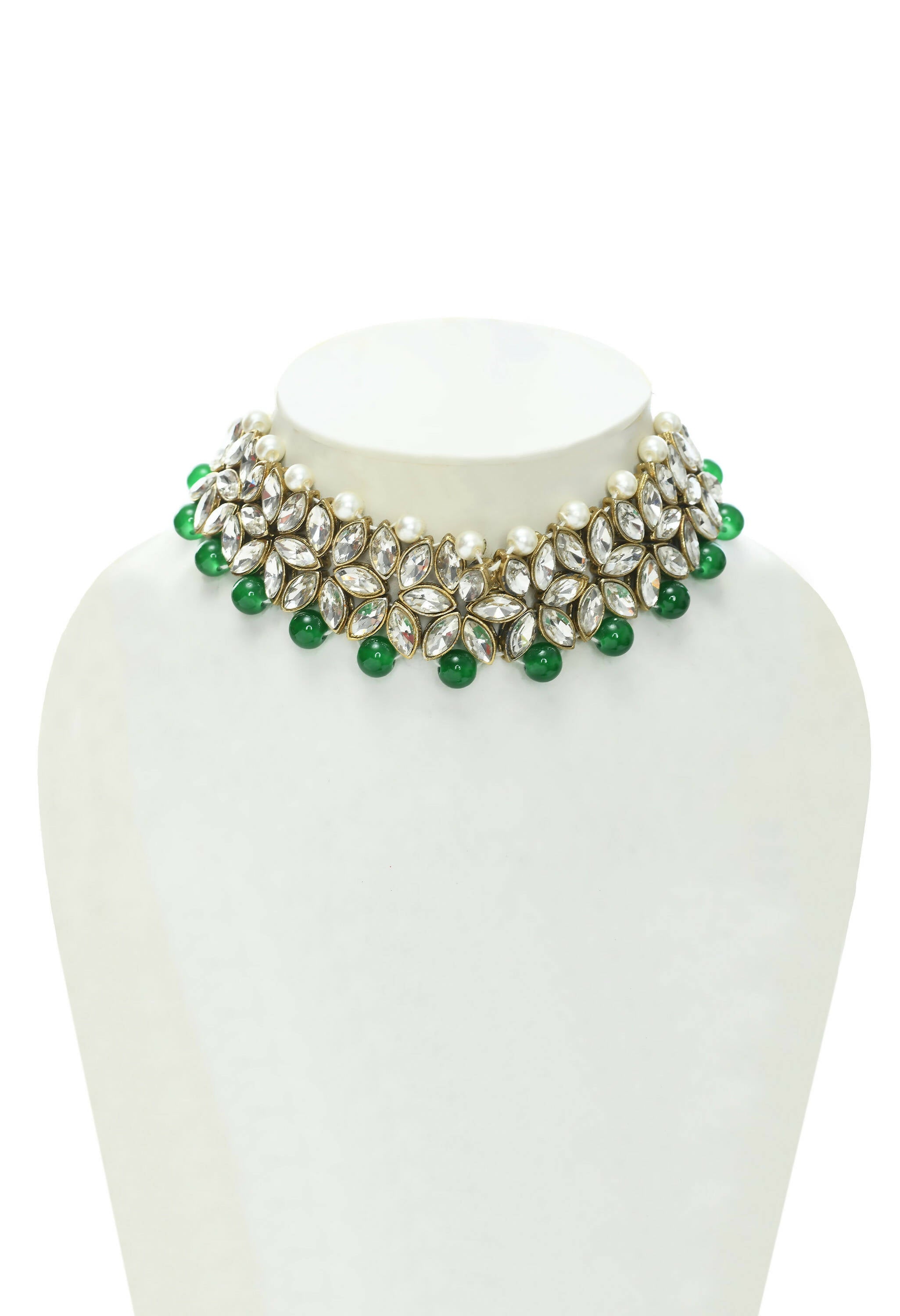 Mominos Fashion Johar Kamal Gold-Polished Rani Haar with Green and Off white Pearls Jewellery Set | Grab2Buy