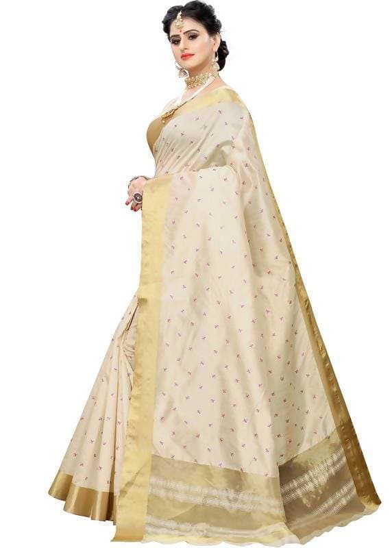 Vamika Weaving Cream Cotton Polyester Silk Saree (Kerala Tikki) | Grab2Buy