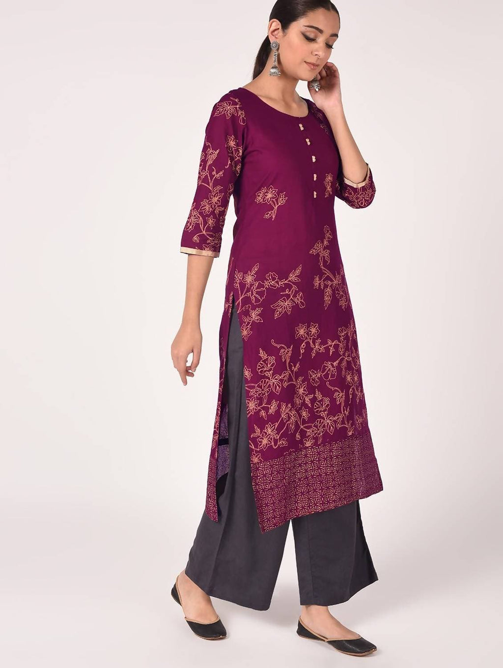 Cheera Hand Block Print Purple Color Straight Kurta | Grab2Buy