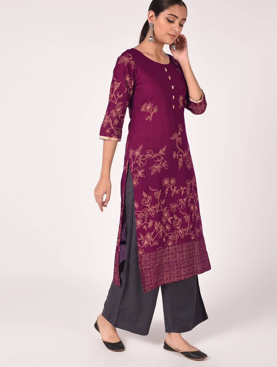 Cheera Hand Block Print Purple Color Straight Kurta | Grab2Buy