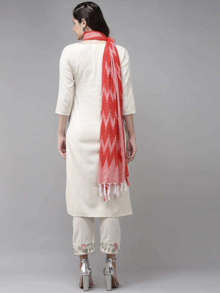 Yufta Women White Ethnic Motifs Printed Thread Work Kurta with Trouser & With Dupatta | Grab2Buy