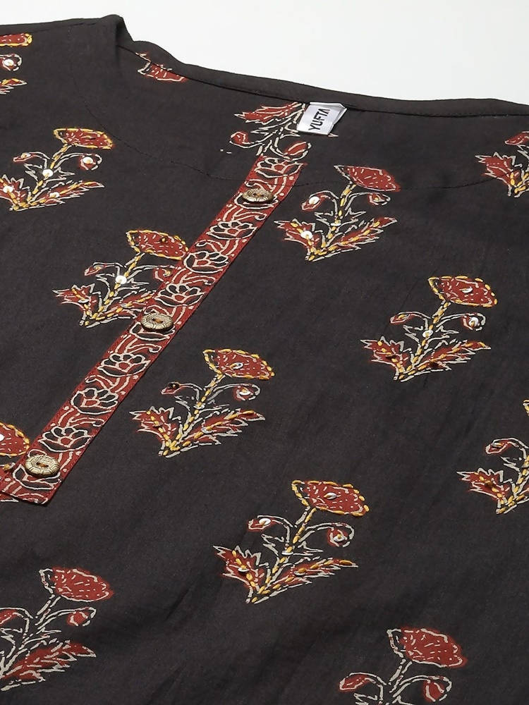 Yufta Women Black & Rust Brown Ethnic Motifs Printed Kantha Work Pure Cotton Kurta Set | Grab2Buy