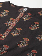 Yufta Women Black & Rust Brown Ethnic Motifs Printed Kantha Work Pure Cotton Kurta Set | Grab2Buy