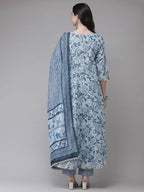Yufta Women Blue Floral Printed Regular Pure Cotton Kurta with Trouser With Dupatta | Grab2Buy