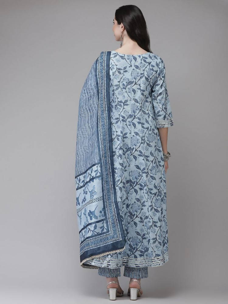 Yufta Women Blue Floral Printed Regular Pure Cotton Kurta with Trouser With Dupatta | Grab2Buy