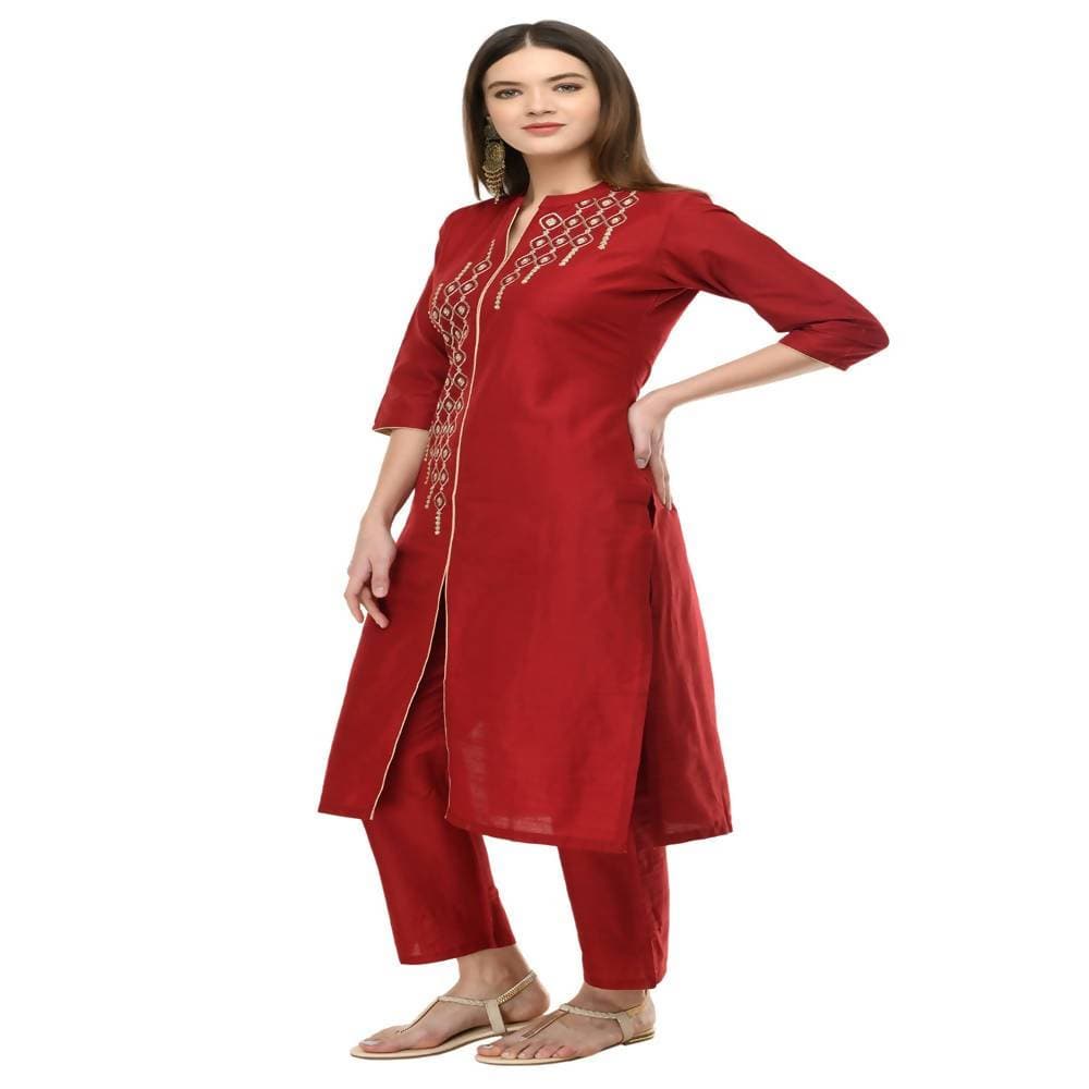 Lagi Women's Maroon Poly silk Straight Embroidred Kurta Pant (RO115A) | Grab2Buy