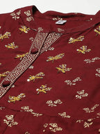 Yufta Women Maroon & Gold Floral Printed Kurta | Grab2Buy