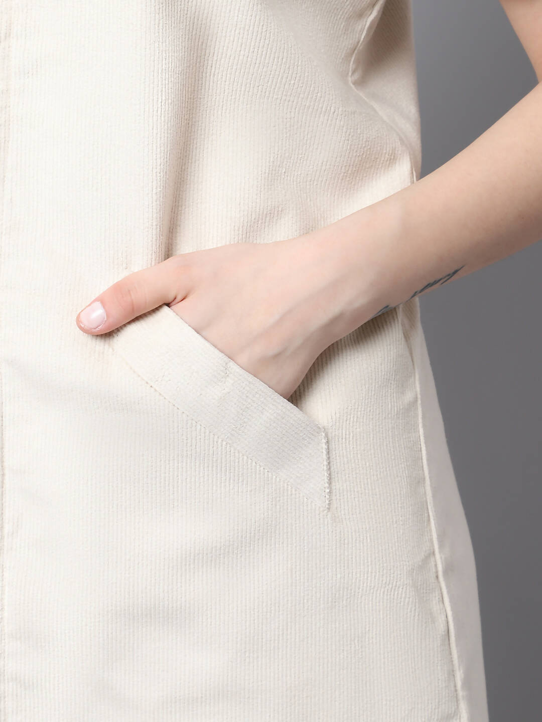 Even Apparels White Polywool Open Front Corduroy Women's Long Coat | Grab2Buy