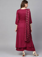 Yufta Women Burgundy Solid Kurta with Palazzo & Dupatta | Grab2Buy