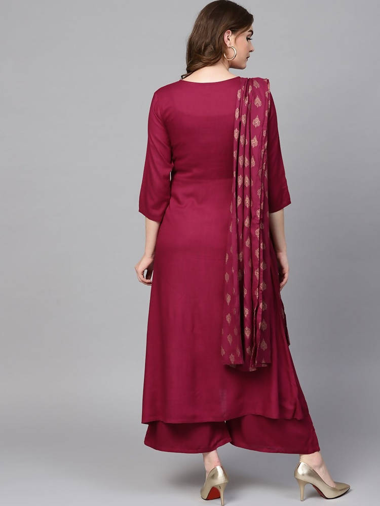 Yufta Women Burgundy Solid Kurta with Palazzo & Dupatta | Grab2Buy