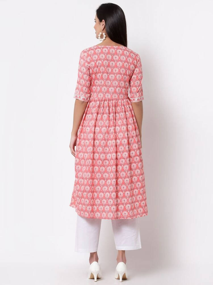 Myshka Women's Pink Printed 3/4 Sleeve Cotton Round Neck Dress | Grab2Buy