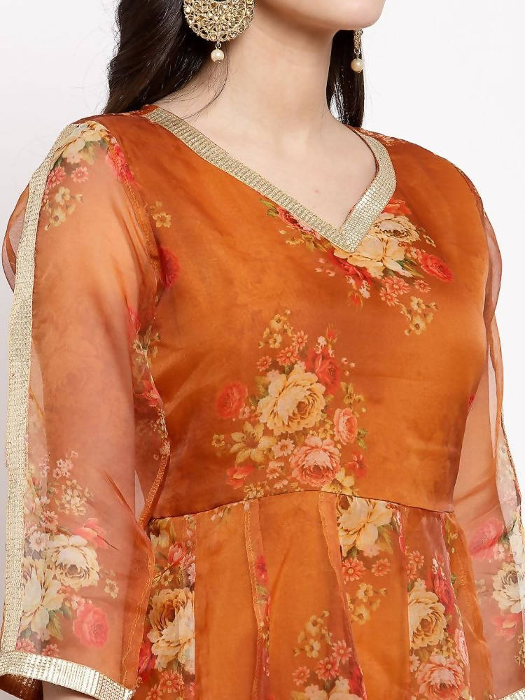 Myshka Women's Brown Organza Printed 3/4 Sleeve V Neck Casual Anarkali Dress | Grab2Buy