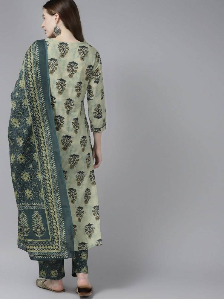 Yufta Women Beige Ethnic Motifs Aari Work Pure Cotton Kurta with Palazzo and Dupatta | Grab2Buy