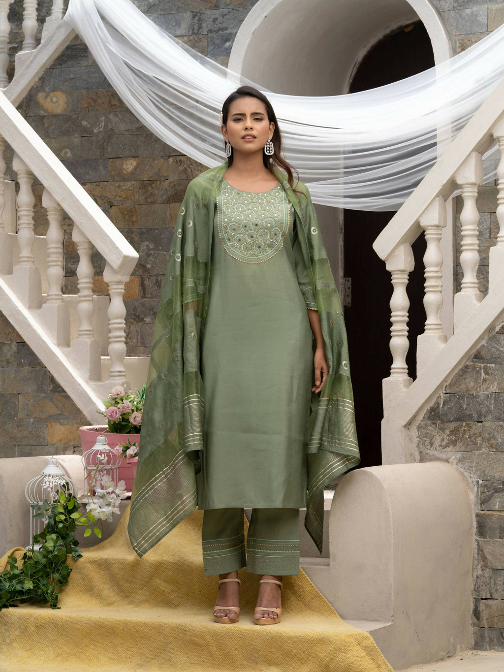 Green Roman Silk Plain Kurta with Pant & Dupatta - Disha | Grab2Buy