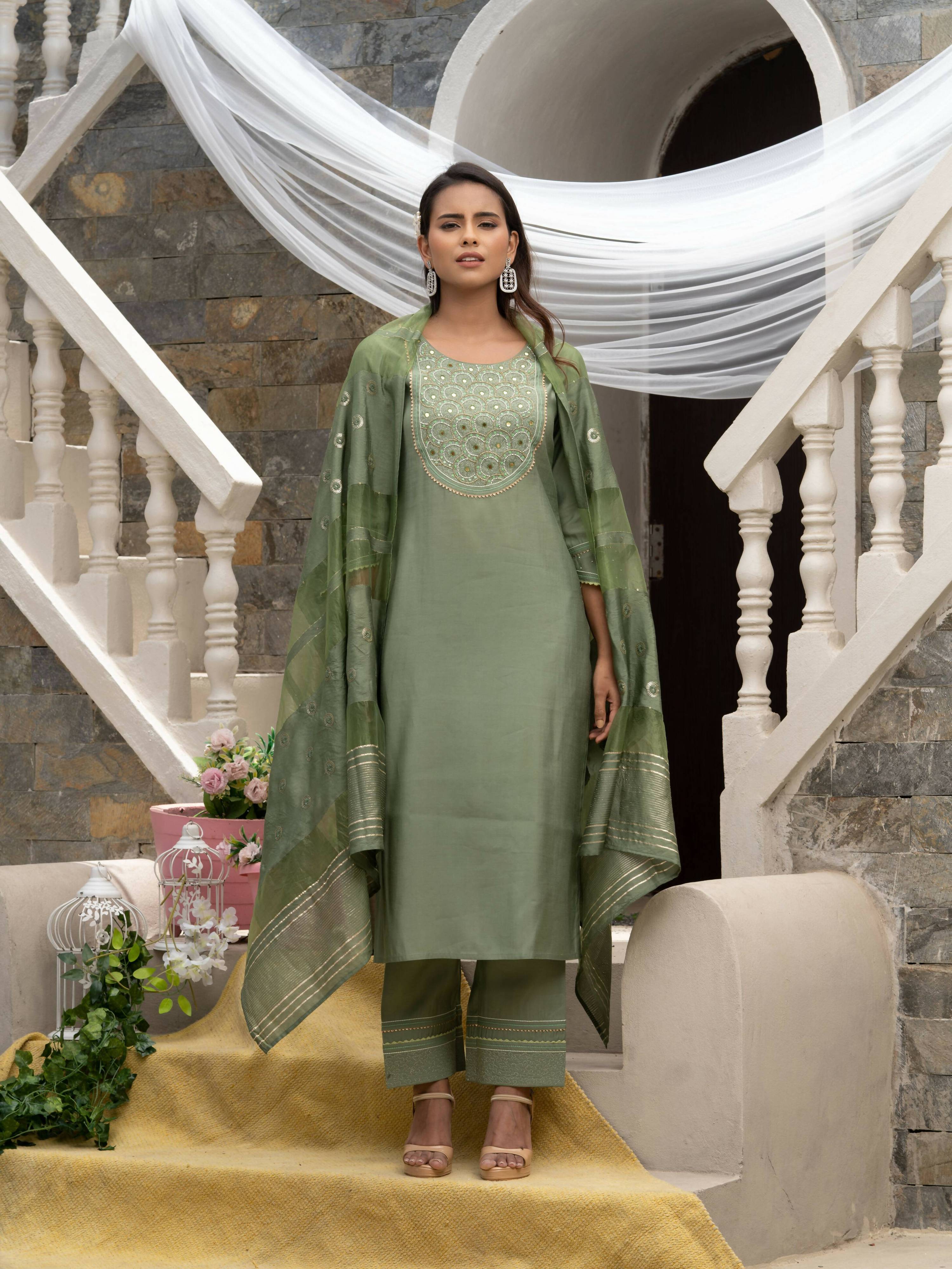 Green Roman Silk Plain Kurta with Pant & Dupatta - Disha | Grab2Buy