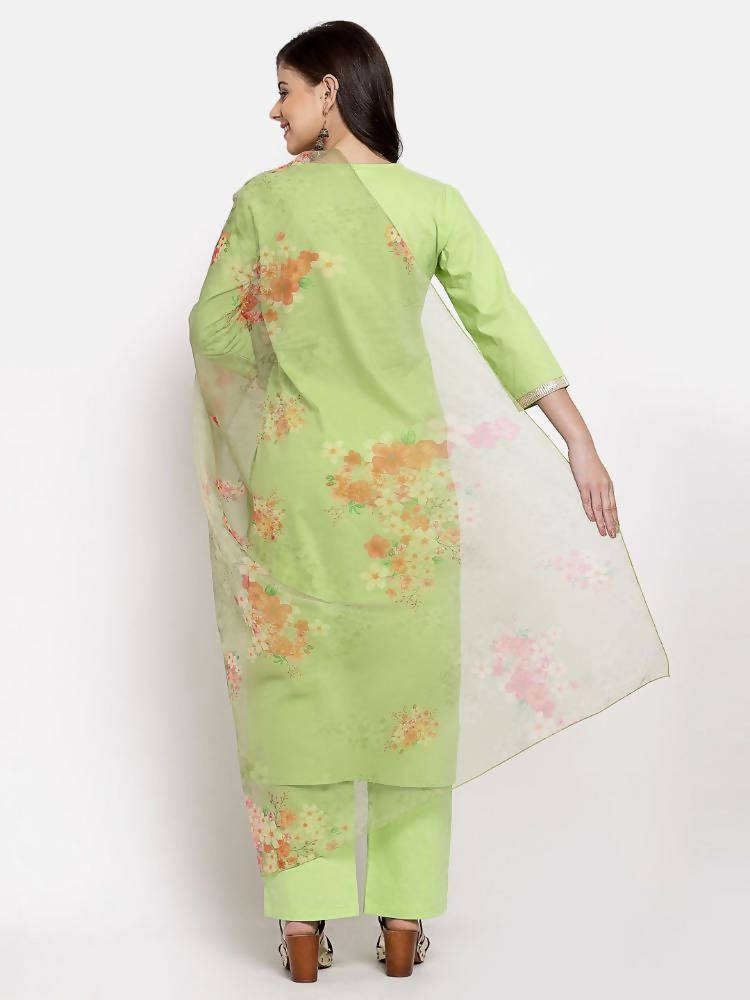 Myshka Women's Green Cotton Solid 3/4 Sleeve V Neck Casual Kurta Pant Dupatta Set | Grab2Buy