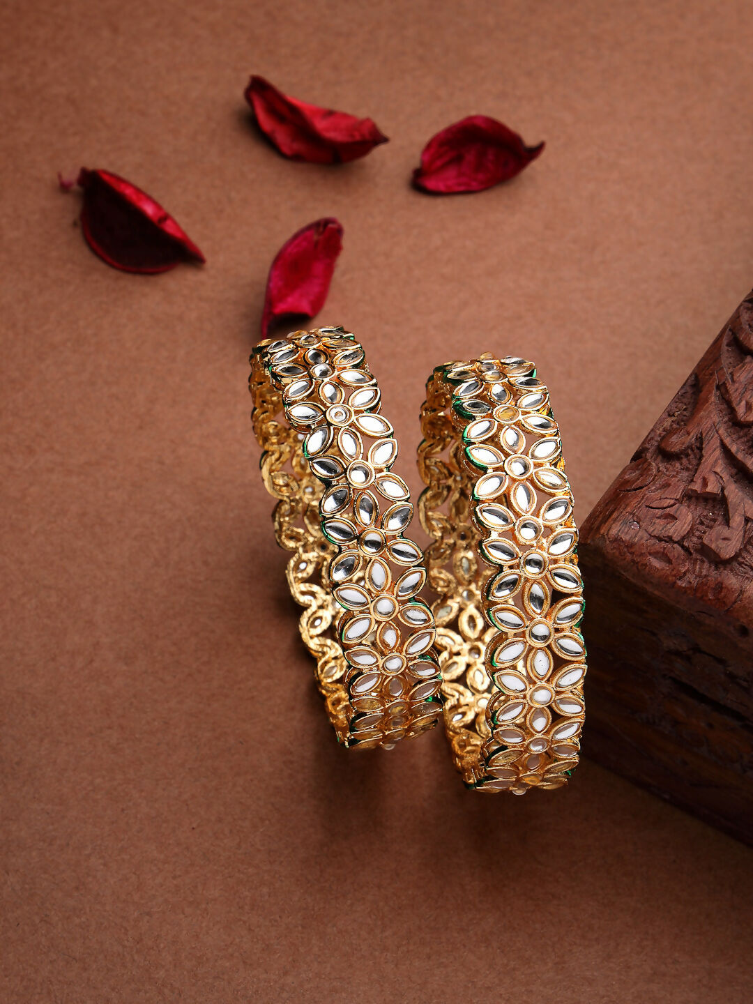 NVR Women Set of 2 Gold-Polished Kundan Studded Bangles