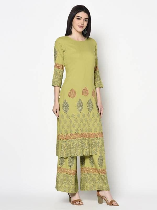 Aniyah Rayon Parrot Green Color Block Print Straight Kurta Palazzo Set (AN-197K) | Grab2Buy