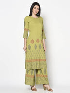 Aniyah Rayon Parrot Green Color Block Print Straight Kurta Palazzo Set (AN-197K) | Grab2Buy