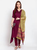 Myshka Women's Burgandy Solid Cotton Half Sleeve V Neck Casual Kurta Pant Dupatta Set | Grab2Buy