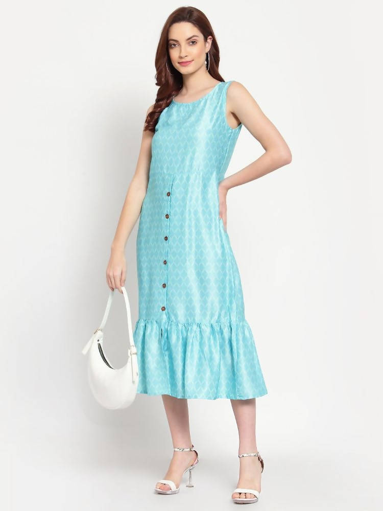 Myshka Women's See Green Solid Cotton Blend Sleeveless Round Neck Casual Dress | Grab2Buy