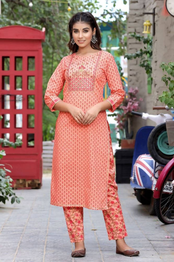 Yufta Women Peach Floral Mirror Work Pure Cotton Kurta with Trouser and Dupatta | Grab2Buy