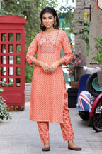 Yufta Women Peach Floral Mirror Work Pure Cotton Kurta with Trouser and Dupatta | Grab2Buy
