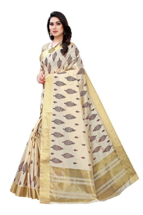 Vamika Cotton Polyester Silk Weaving Cream Saree (KERALA CRISMISTMAS) | Grab2Buy