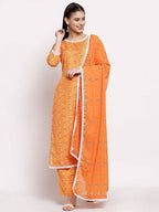 Myshka Women's Orange Cotton Printed 3/4 Sleeve Round Neck Casual Kurta Pant Dupatta Set | Grab2Buy