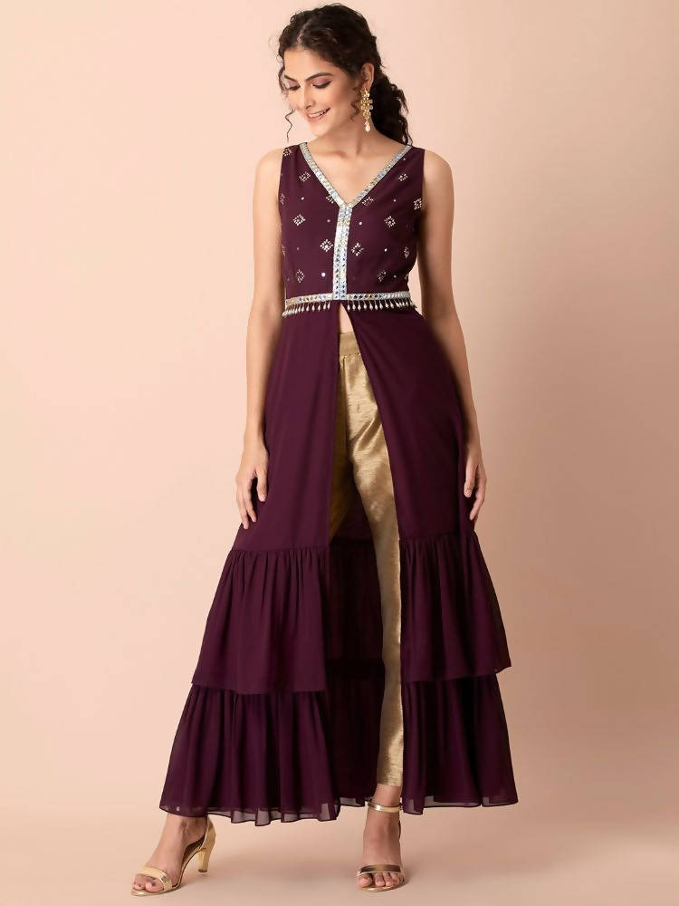 Indya Women Purple & Gold-Toned Embellished Ruffled High Slit Kurta | Grab2Buy