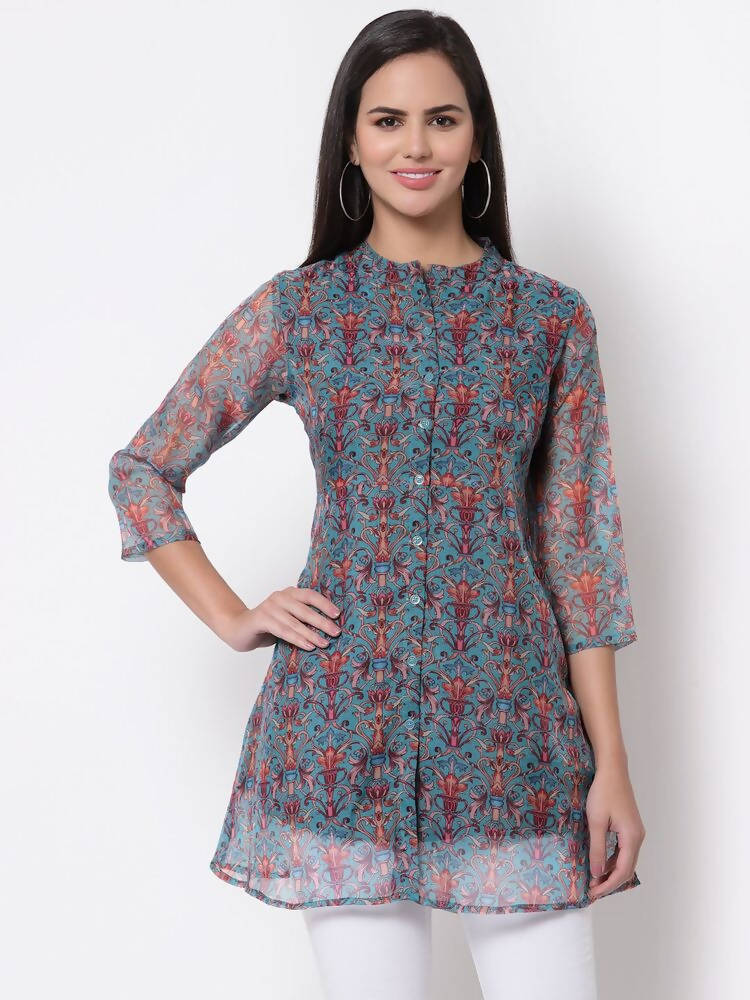 Myshka Women's Beautiful Organza Printed 3/4 Sleeve Round Neck Casual Multicolor Tunic | Grab2Buy