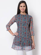 Myshka Women's Beautiful Organza Printed 3/4 Sleeve Round Neck Casual Multicolor Tunic | Grab2Buy