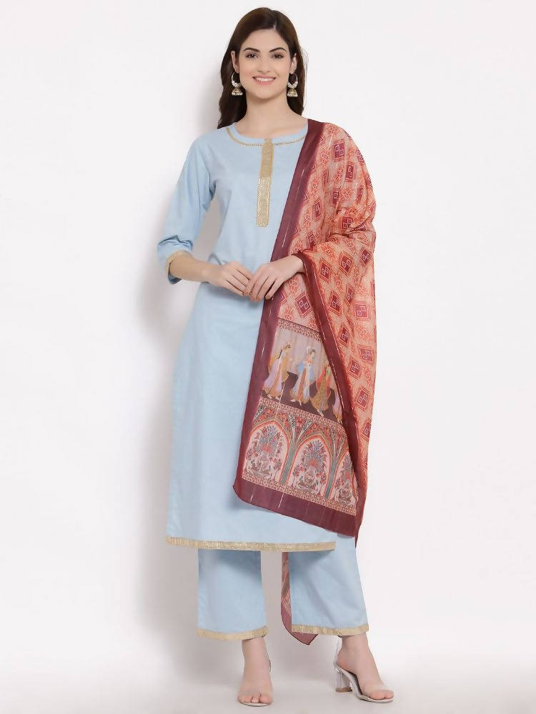 Myshka Women's Blue Cotton 3/4 Sleeve Round Neck Solid Casual Kurta Pant Dupatta Set | Grab2Buy